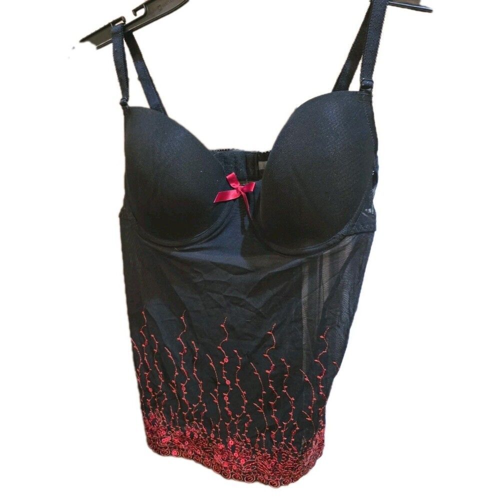 Frederick's Of Hollywood Sz 36 Vtg Black Red Sequin Embroidery Babydoll Nightie